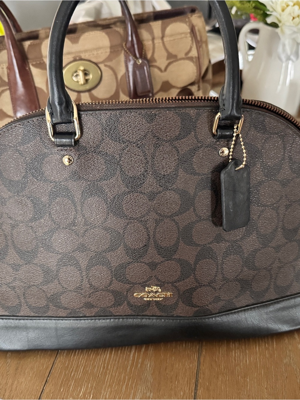 Coach Brown Signature Dome Satchel with Black Trim